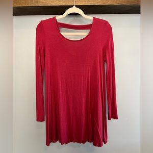 Wine Red U Neck Long Sleeve Womens Dress